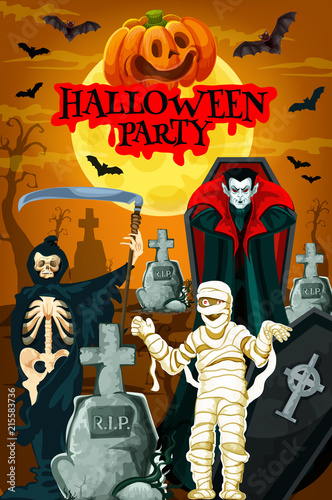 Halloween night party banner with horror cemetery
