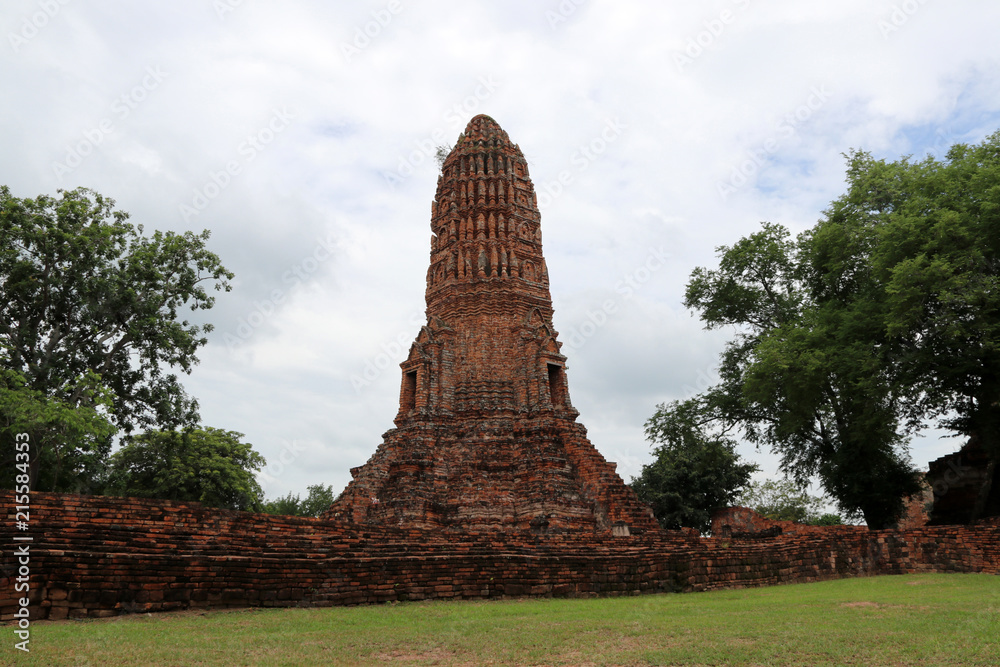The Main Phra Prang or pagoda in the ruins of ancient remains at Wat Worachet temple, it built in 1593 AD in the Ayutthaya period.