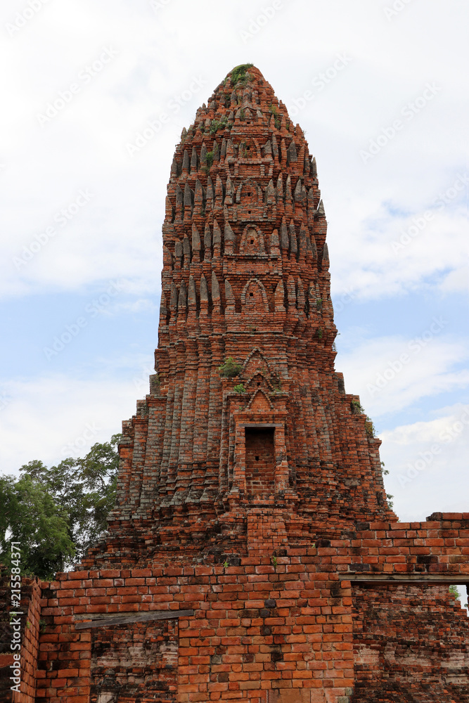 The Main Phra Prang or pagoda in the ruins of ancient remains at Wat Worachet temple, it built in 1593 AD in the Ayutthaya period.