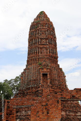 The Main Phra Prang or pagoda in the ruins of ancient remains at Wat Worachet temple, it built in 1593 AD in the Ayutthaya period.