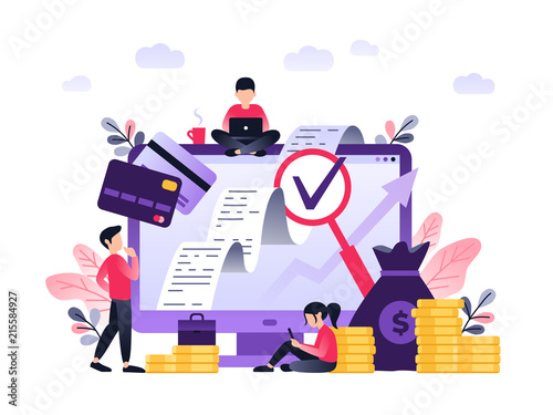 Ultra violet vector illustration of virtual business assistant. money, cards investment management. graphic design business concept. Small people on computer desk.