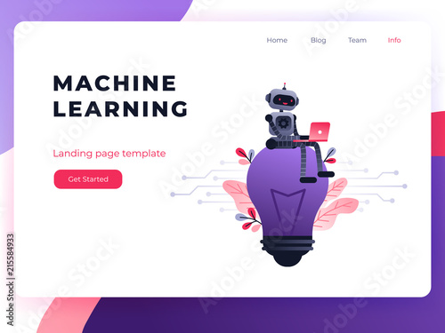 Machine learning algorithm concept with artificial neural network, deep learning. Robot with laptop sitting on big light bulb and flowers. Vector ultra violet landing page concept.