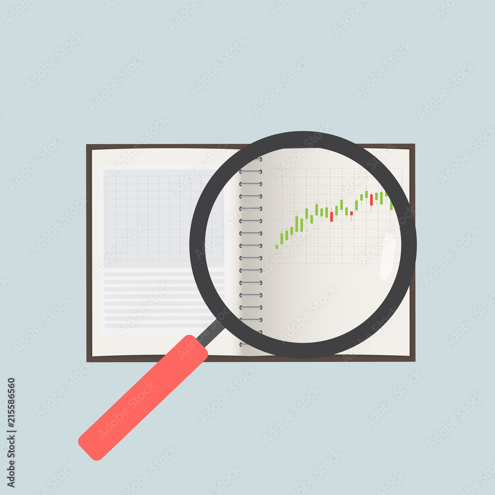 Magnifying glass search for investment on business book Magnifying glass search for investment on business book