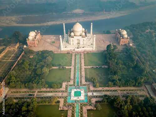 Aerial view of Taj Mahal in Agra India covered with morning fog