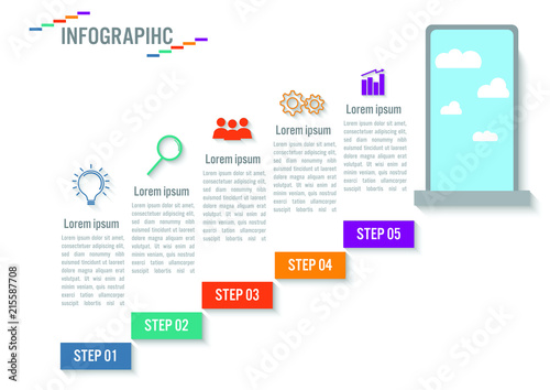Business infographic staircase template, steps up stairway to the open door conceptual. Vector illustration
