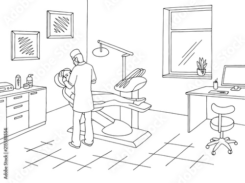 Dentist office clinic graphic black white sketch illustration vector. Doctor working