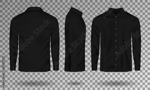 Blank male black shirt template. Realistic Men shirt with long sleeves front, side, back view. Casual Cotton Shirt isolated. Vector illustration