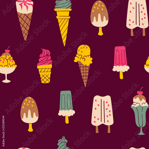 Cute Pattern with Hand Drawn Ice Cream on Dark Background.
