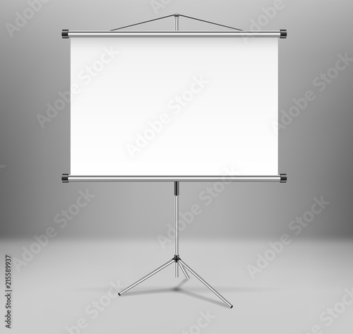 Whiteboard projector presentation screen isolated. White empty screen stand on tripod in room. vector illustration.