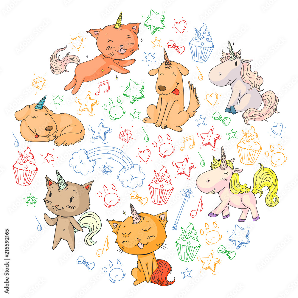 Obraz premium Vector unicorns. Caticorn. Cat, dog, pony with horn and rainbow. Fantasty vector icons. Cute kindergarten pattern for little children. Princess fairy tale.