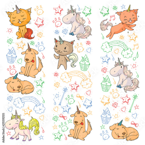 Fototapeta Naklejka Na Ścianę i Meble -  Vector unicorns. Caticorn. Cat, dog, pony with horn and rainbow. Fantasty vector icons. Cute kindergarten pattern for little children. Princess fairy tale.