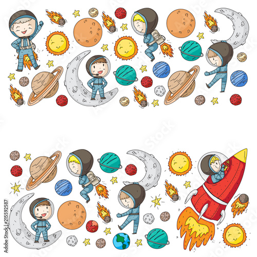 Space for children. Kids and cosmos exploration. Adventures, planets, stars. Earth and Moon. Rocket, shuttle, sun.
