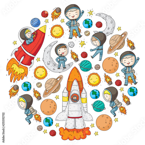 Space for children. Kids and cosmos exploration. Adventures, planets, stars. Earth and Moon. Rocket, shuttle, sun.