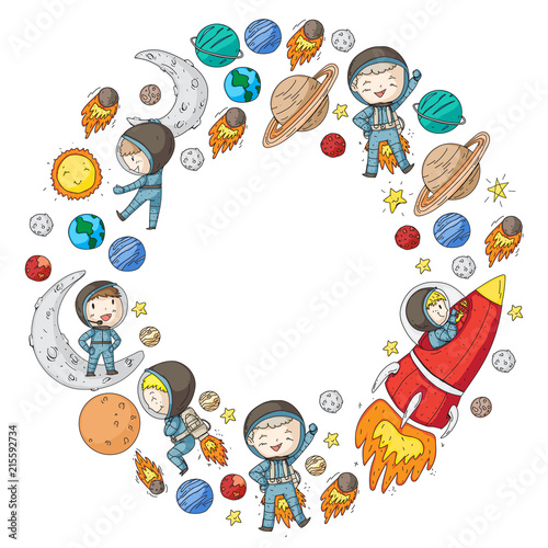 Space for children. Kids and cosmos exploration. Adventures, planets, stars. Earth and Moon. Rocket, shuttle, sun.