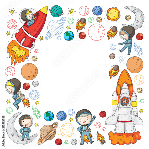 Space for children. Kids and cosmos exploration. Adventures, planets, stars. Earth and Moon. Rocket, shuttle, sun.