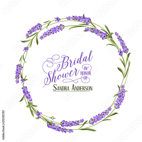 The lavender elegant card with frame of flowers and text. Lavender garland for your text presentation. Label of soap package. Label with lavender flowers. Vector illustration.