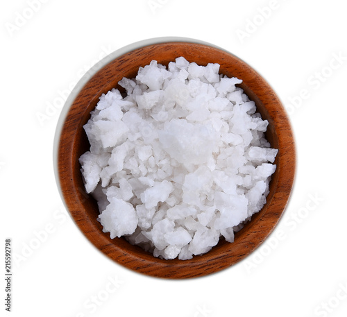 Salt in wood bowl on white background