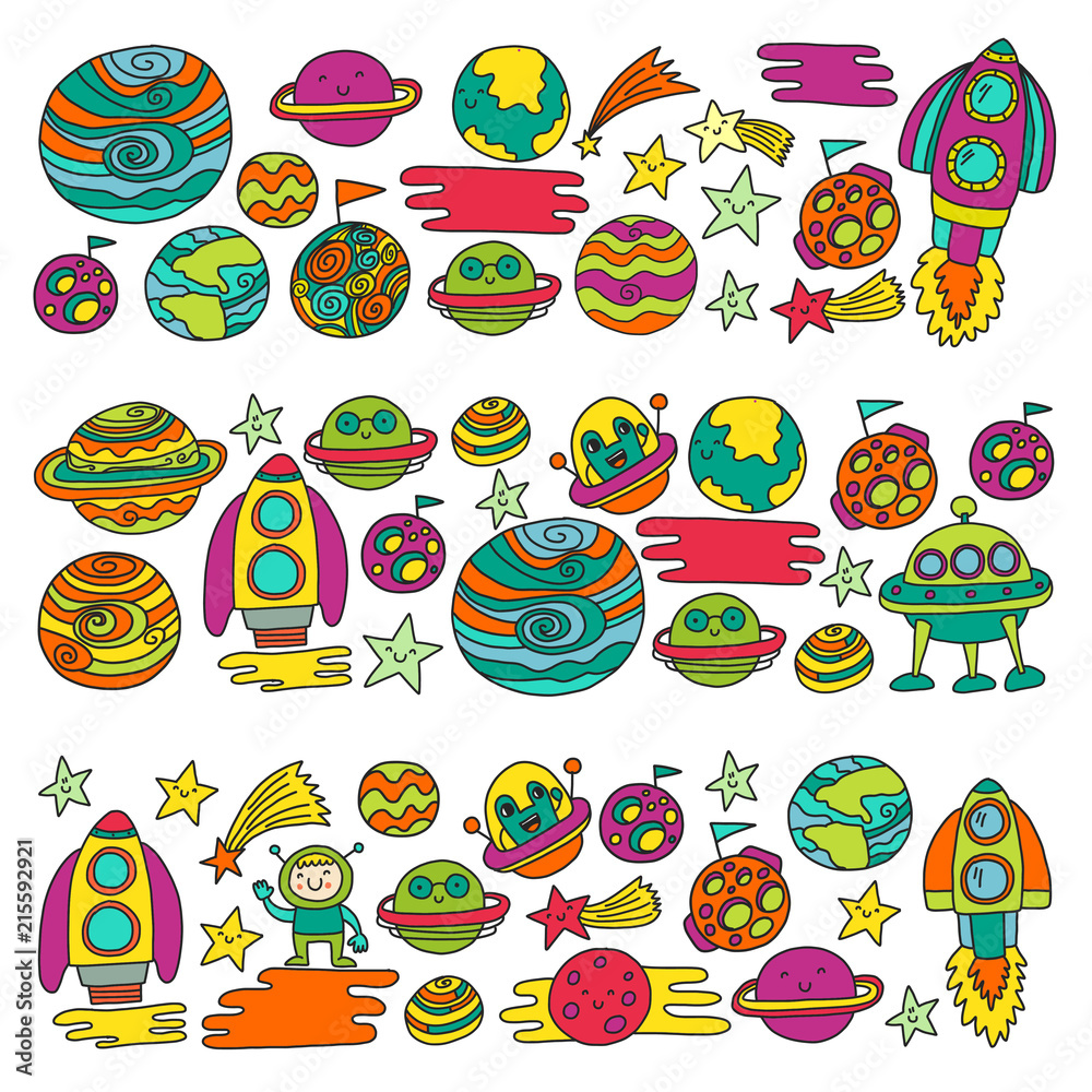 Vector doodle pattern with space icons. Children, kindergarten illustration. Kids drawing style