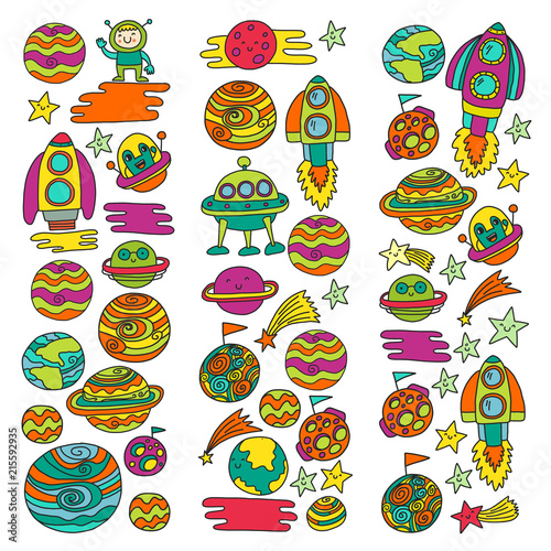Vector doodle pattern with space icons. Children, kindergarten illustration. Kids drawing style
