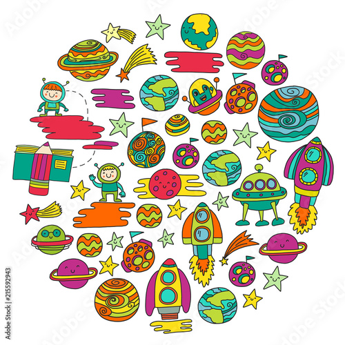 Vector doodle pattern with space icons. Children, kindergarten illustration. Kids drawing style