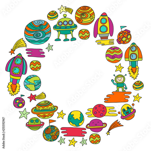 Vector doodle pattern with space icons. Children, kindergarten illustration. Kids drawing style