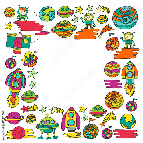 Vector doodle pattern with space icons. Children, kindergarten illustration. Kids drawing style