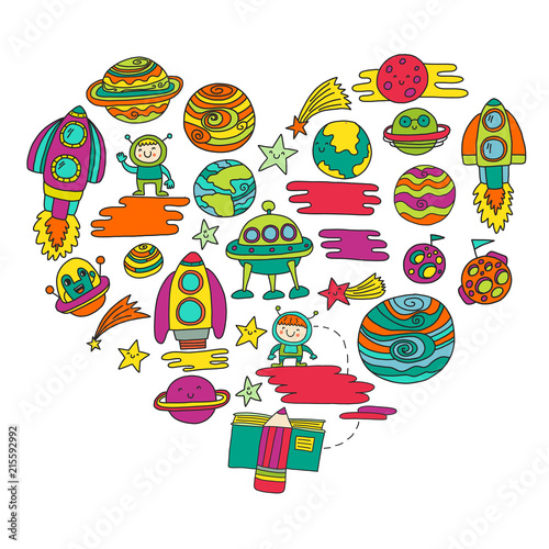 Vector doodle pattern with space icons. Children, kindergarten illustration. Kids drawing style