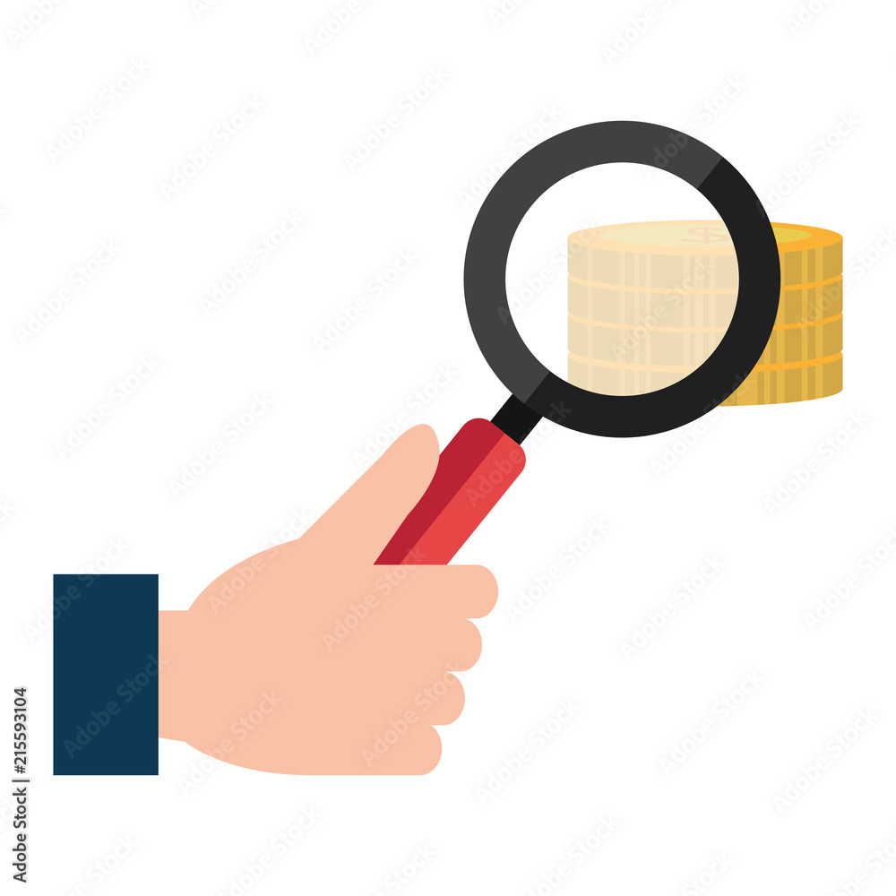magnifying glass with pile coins money magnifying glass with pile coins money