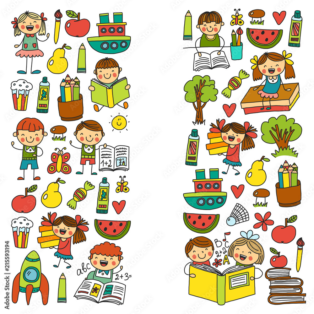 School, kindergarten boys and girls reading books. Imagination. Library. Space, travel, adventure. School, kindergarten boys and girls reading books. Imagination. Library. Space, travel, adventure.