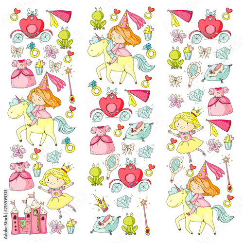 Princess vector patterns. Cute little princess with unicorn and dragon. Castle for little girl, dress, magic wand. Fairy tale icons with crown and frog. Fantasy illustration