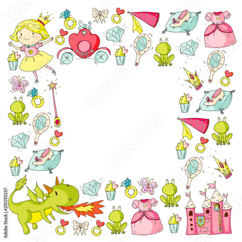 Princess vector patterns. Cute little princess with unicorn and dragon. Castle for little girl, dress, magic wand. Fairy tale icons with crown and frog. Fantasy illustration