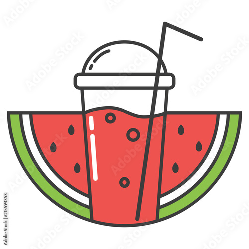 Glass with watermelon smoothie. Watermelon fresh vegetable. Icon juice watermelon, detox. Vector illustration in flat style.