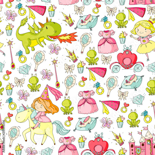 Princess vector patterns. Cute little princess with unicorn and dragon. Castle for little girl  dress  magic wand. Fairy tale icons with crown and frog. Fantasy illustration
