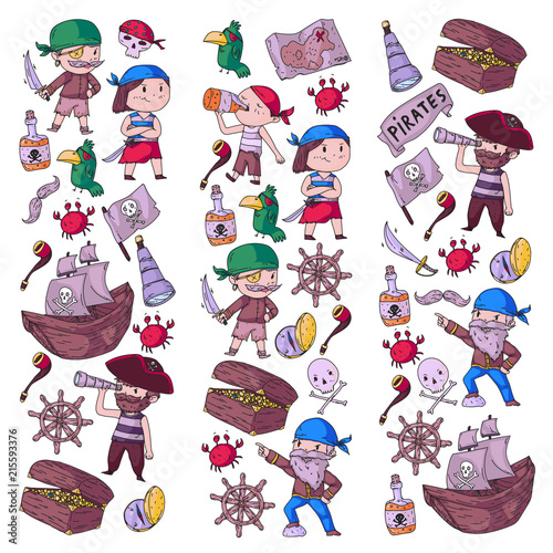 Pirate party for little children. Kindergarten background. Sea and ocean adventures. Ship and pirates, treasure island.