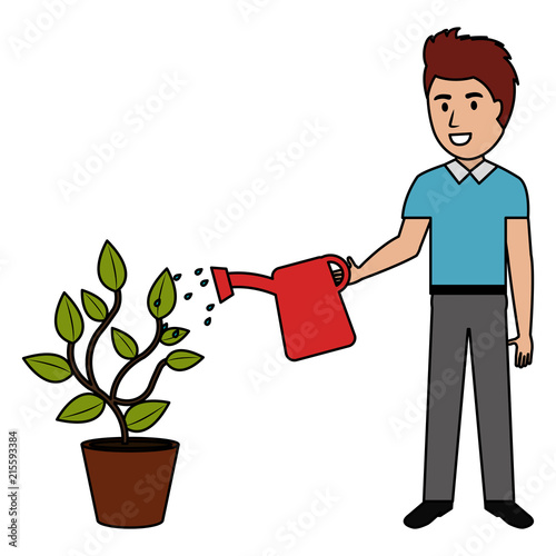 man cultivating plant with watering pot