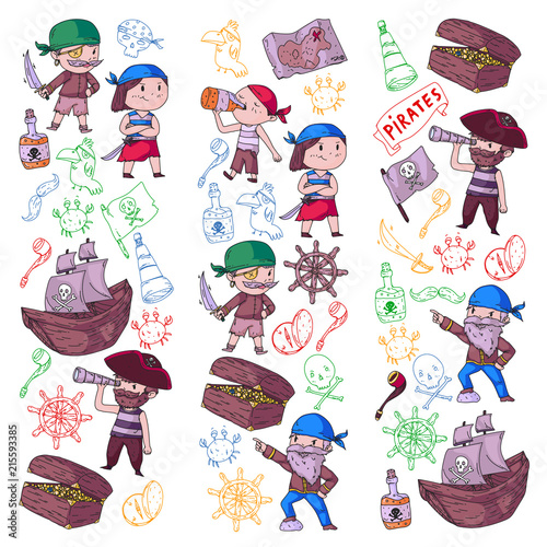 Pirate party for little children. Kindergarten background. Sea and ocean adventures. Ship and pirates, treasure island.