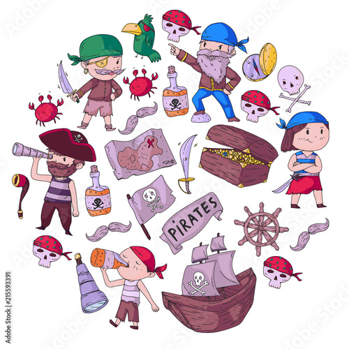 Pirate party for little children. Kindergarten background. Sea and ocean adventures. Ship and pirates, treasure island.