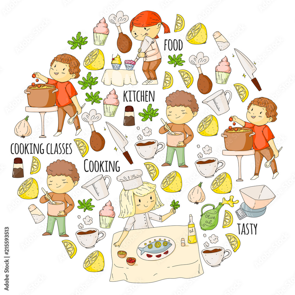 Cooking class cover, courses for little kindergarten children. Kitchenware, kitchen items, utensil. Vector pattern with doodle icons. Cooking class cover, courses for little kindergarten children. Kitchenware, kitchen items, utensil. Vector pattern with doodle icons.