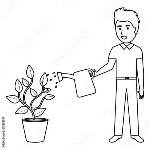 man cultivating plant with watering pot