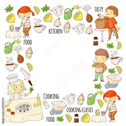 Frame for cooking class, courses for little kindergarten children. Kitchenware, kitchen items, utensil. Vector pattern with doodle icons.