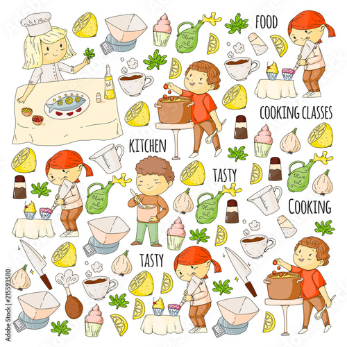Pattern for cooking class  courses for little kindergarten children. Kitchenware  kitchen items  utensil. Vector pattern with doodle icons.