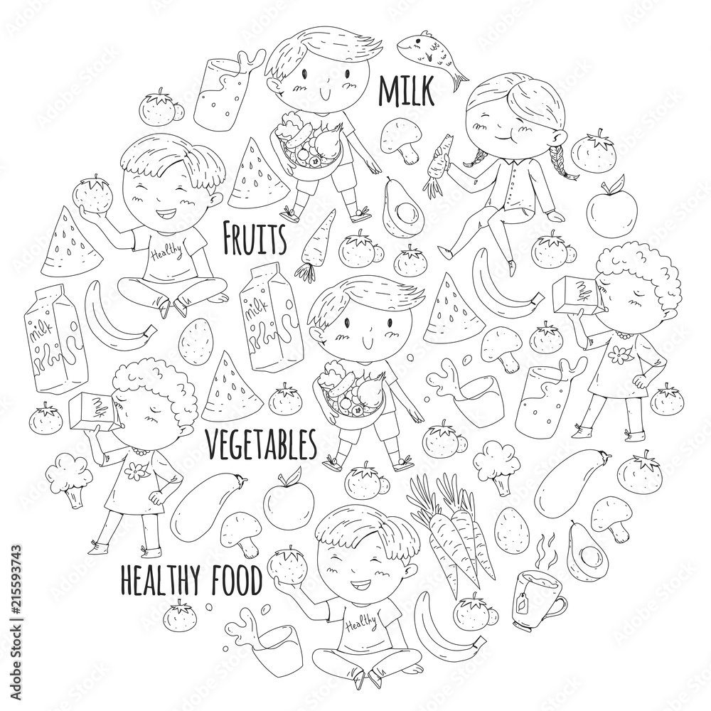 Healthy food for children. Kindergarten, school kids eating watermelon, eggplant, fish, tomato, avocado, milk, carrot, mushrooms. Fruits and vegetables. Vector patterns. Healthy food for children. Kindergarten, school kids eating watermelon, eggplant, fish, tomato, avocado, milk, carrot, mushrooms. Fruits and vegetables. Vector patterns.