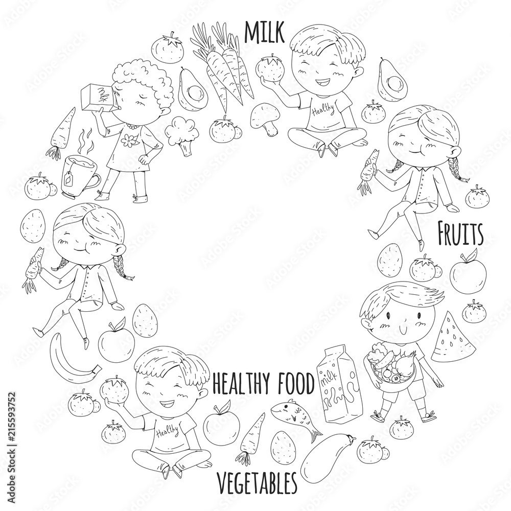 Healthy food for children. Kindergarten, school kids eating watermelon, eggplant, fish, tomato, avocado, milk, carrot, mushrooms. Fruits and vegetables. Vector patterns. Healthy food for children. Kindergarten, school kids eating watermelon, eggplant, fish, tomato, avocado, milk, carrot, mushrooms. Fruits and vegetables. Vector patterns.