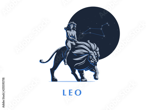 Sign of the zodiac Leo. A woman is riding a lion.
