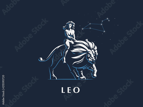 Sign of the zodiac Leo. A woman is riding a lion.