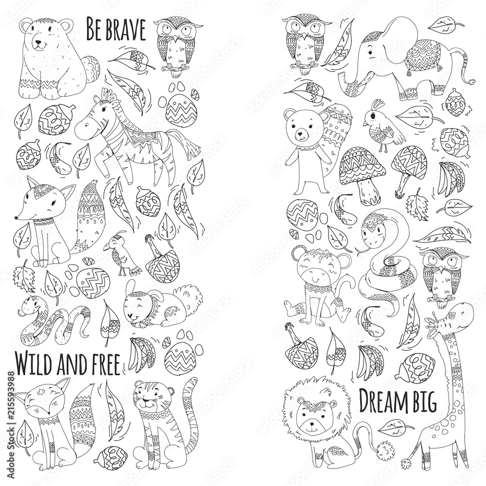 Pattern with cute forest and jungle animals. Fox, tiger, lion, zebra, bear, bird, parrot, snake, squirrel, elephant, monkey, owl. Tribal boho wild and free icons for little kindergarten children