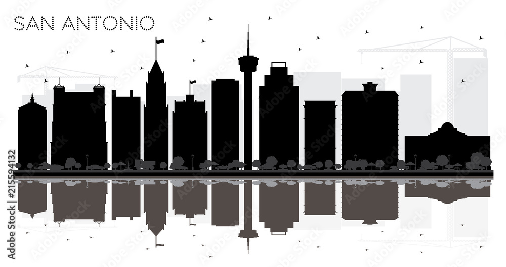 San Antonio Texas City skyline black and white silhouette with Reflections.