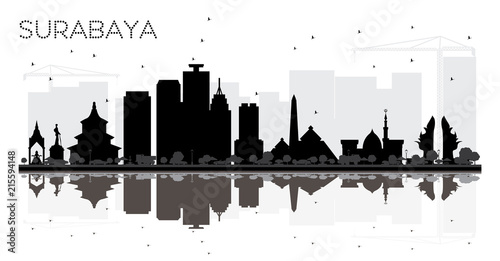 Surabaya Indonesia City skyline black and white silhouette with Reflections.