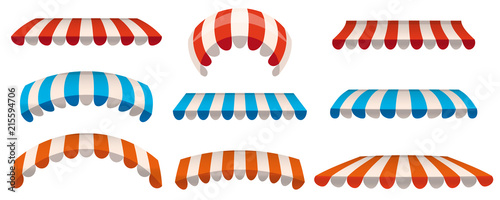 A set of striped red, blue, orange white awnings, canopies for the store. Awning for the cafes and street restaurants. Vector illustration isolated on white background. Isolated