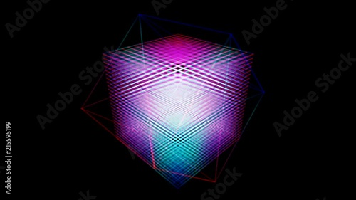 Blue and purple particles cube form rotating with geometric lines on dark background. Seamless loop animation.